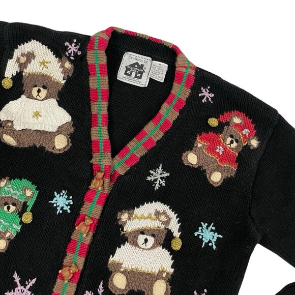Vintage Teddy Bear Sweater Button Front Cardigan Winter Theme Ramie Cotton 1980s - Picture 4 of 4
